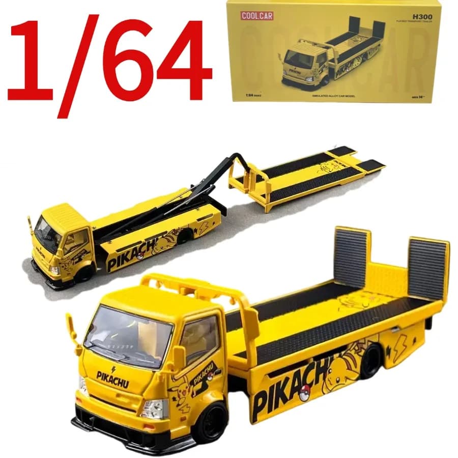 CC Diecast 1:64 H300 Flatbed Transport Trailer with Pikachu Paint Alloy Model Car, Collectible Display Toy Vehicle Gift for Boys