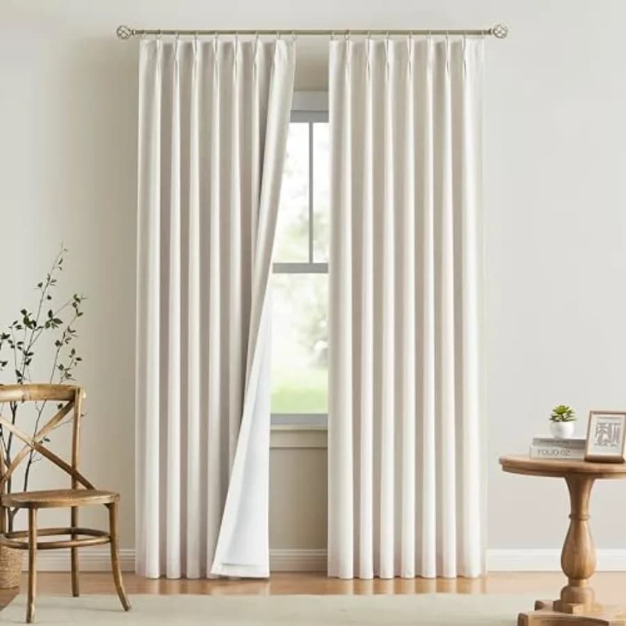 Natural darkening curtains with pinched folds, in linen blend, to obscure the room, 90 inches, for living room and bedroom, thermal