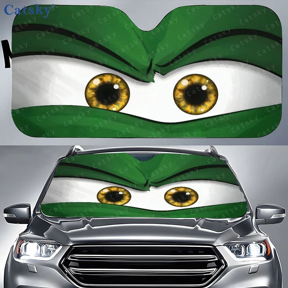Parasole per auto con immagine di una foglia verde con occhi gialli, parasole per finestrino anteriore, copertura solare per auto