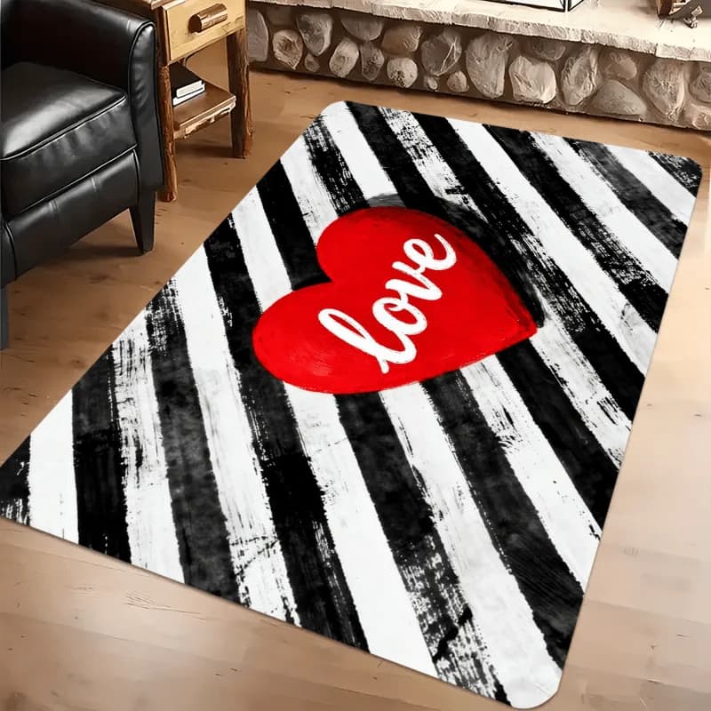 Romantic Red Heart Love Flannel Rug Black White Checkered Floor Mat Soft Non-slip Area Carpet for Living Room Bedroom Home