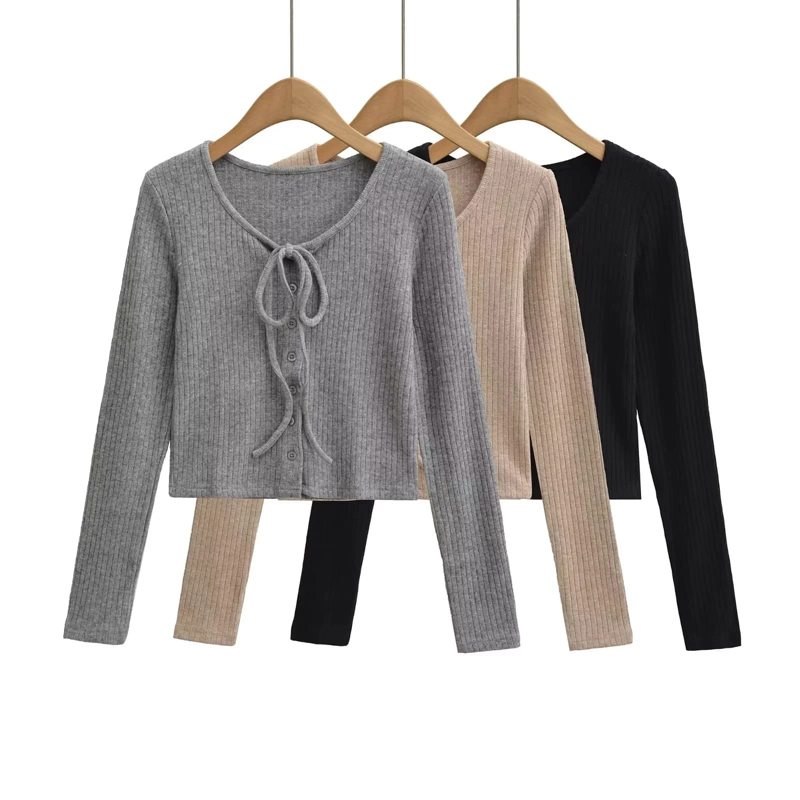 Maglia a maniche lunghe in maglia attillata sexy con laccetti, nuovo stile Primavera 2026, top interno modellante per ragazze alla moda