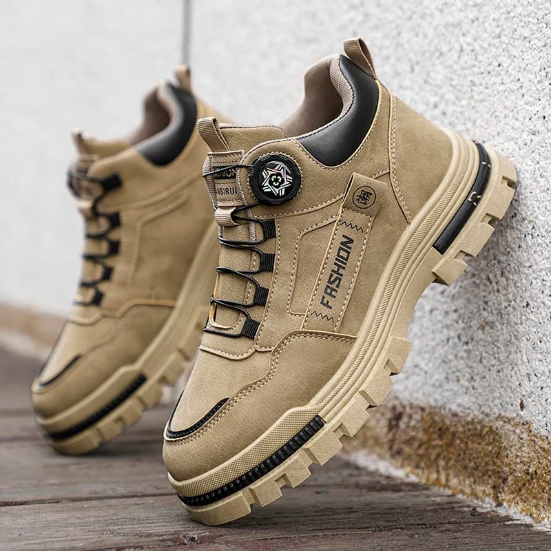 Men's Rotary Buckle Suede Hiking Boots, Non-Slip Thick Sole High Top Work Shoes Outdoor Trekking Casual Sneakers Khaki Gray