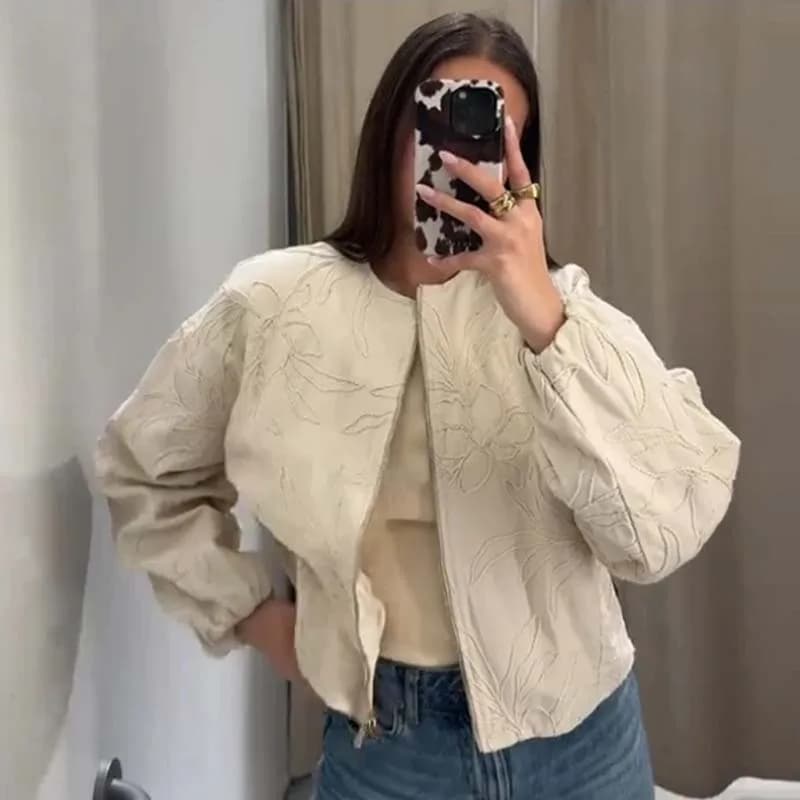 YENKYE 2025 Women O Neck Long Sleeve Embroidery Jacket Front Zipper Loose Crop Outerwear Lady Commuting Casual Outfits