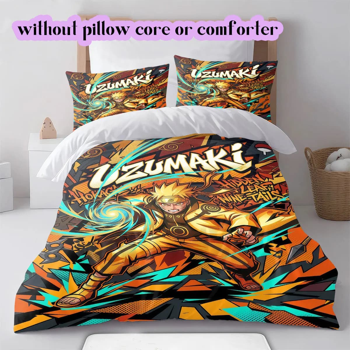 Naruto Anime Illustration Duvet Cover,3pcs Printed Cartoon Bedding,Cool Graphic Comforter Cover for Bedroom Set_LIAN