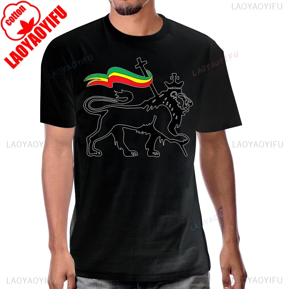 Hot Sale Vintage Rasta Lion of Judas Bandiera Graphic Rastafarian Reggae Leo and Christian T-Shirt Harajuku Hip Hop Casual Man Tees