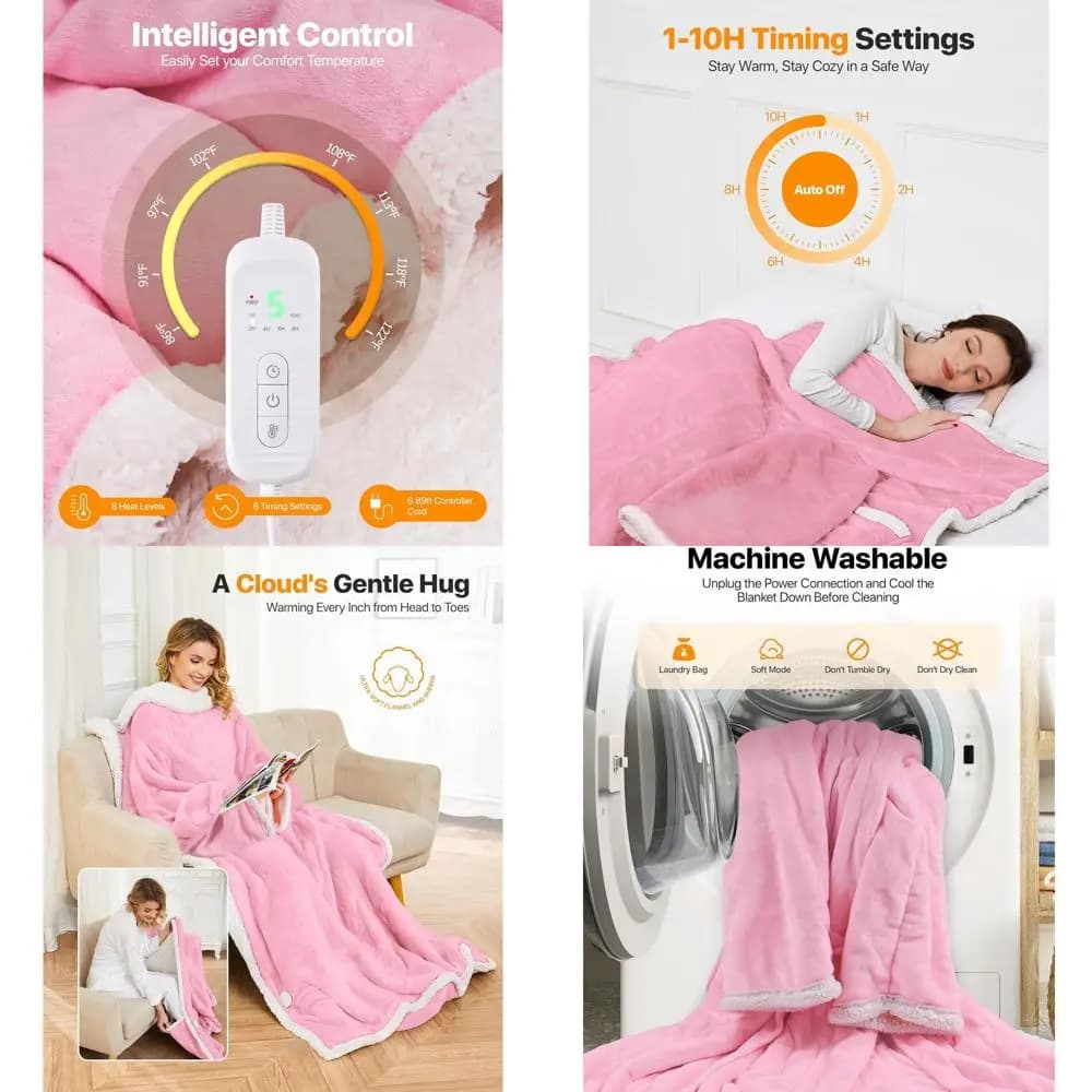 Coperta Elettrica Rosa con 8 Livelli di Calore, Timer, Tasche per Piedi e Maniche, 50x60 per Casa e Ufficio