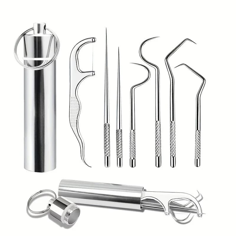 1 set stuzzicadenti in acciaio inossidabile set filo interdentale stuzzicadenti riutilizzabili stuzzicadenti portatile filo interdentale detergente per denti strumenti per la pulizia orale