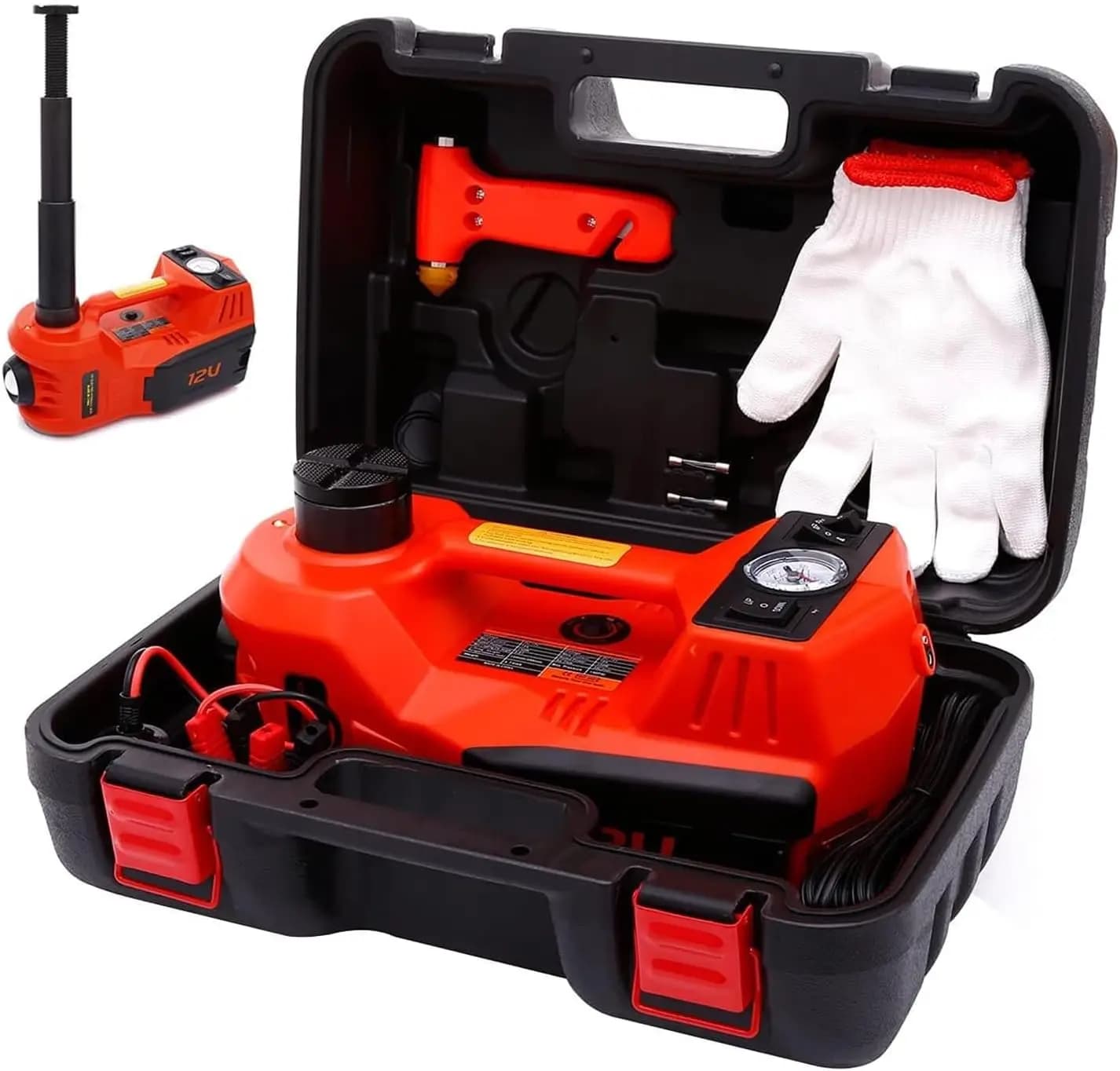 Kit Martinetto Idraulico Elettrico da 5 Tonnellate con Pompa Gonfiagomme e Luce LED per SUV, Berlina e Camion