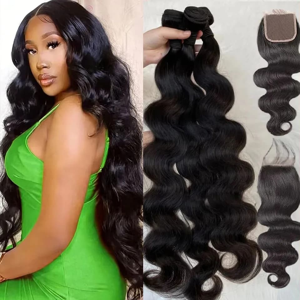 Capelli Vergini Brasiliani Ondulati 3/4 Packs with HD closure (20 22 24 +18, Natural Black) 100% Non-Negotiated
