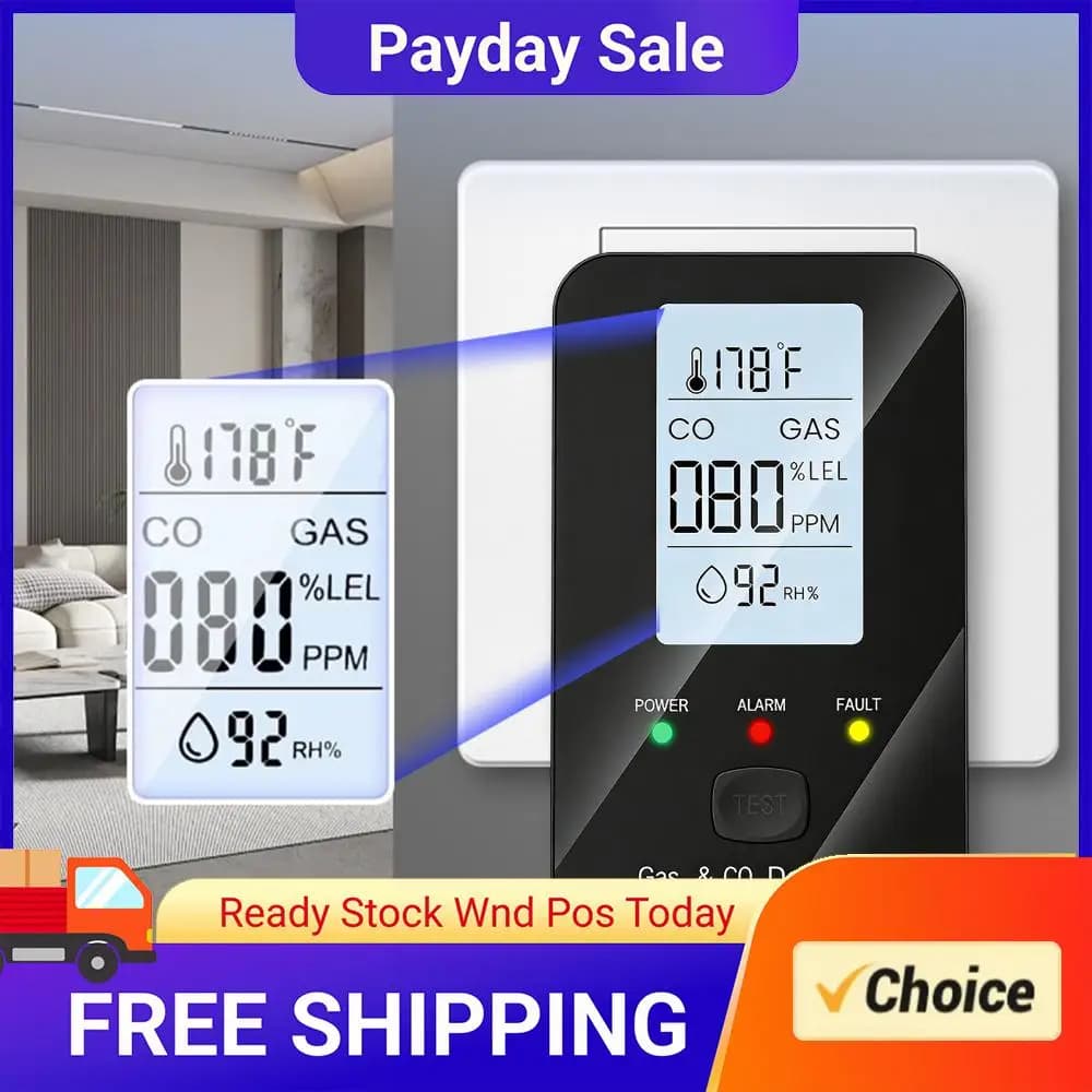 Rilevatore 4-in-1 di Gas e Monossido di Carbonio da Collegare alla Presa con Display LED a Colori Certificato UL CE per Casa, Cucina, Hotel, Camper, Appartamenti, Viaggi