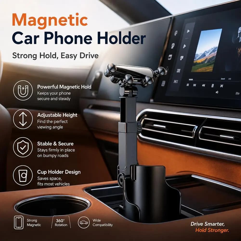 2-in-1 Cup Holder Phone Mount Adjustable Height 10-13" For Car, 360° Rotating Stand Accessories