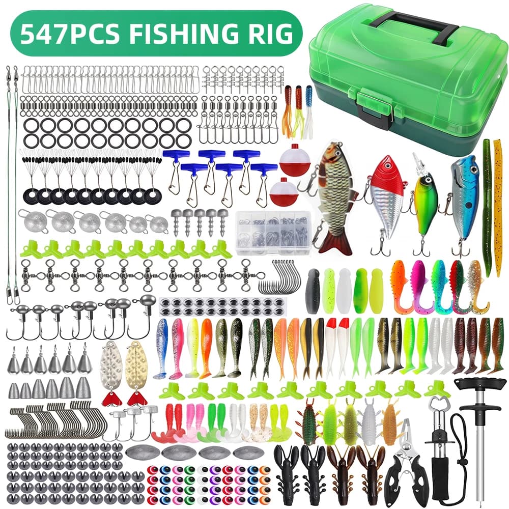 547PCS Fishing Tackle Set Lures Baits Kit with Tackle Box Hooks Weights Soft Worm Hard Minnow Spoon Pliers for Bass Freshwater