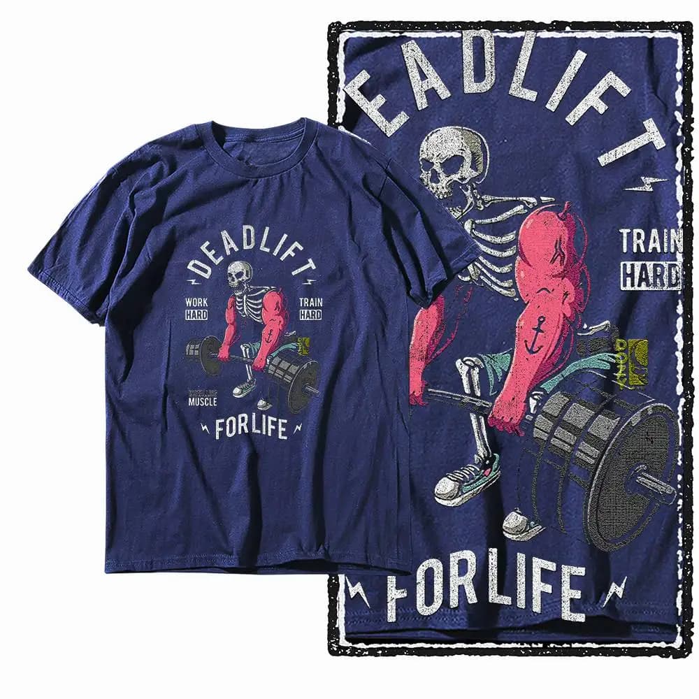 T-shirt grafica stampata con teschio da palestra da uomo in cotone di grandi dimensioni G70 NAVY streetwear | Fantastica maglietta da uomo con scollo a O