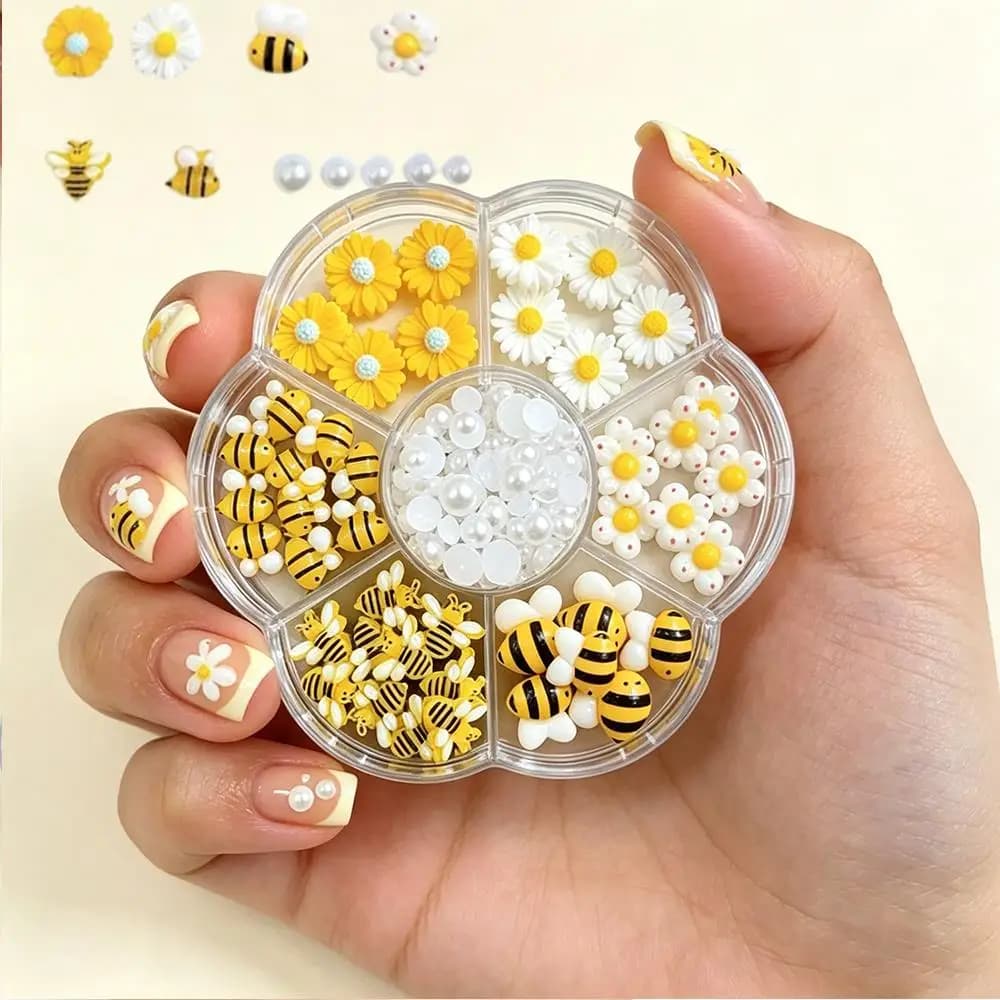 7Grids 3D Adorabili Charms per Unghie a Forma di Ape, Margherita e Perle, Perle a Girasole Flatback Miste, Decorazioni per Nail Art, Accessori Fai da Te per Manicure Primaverile
