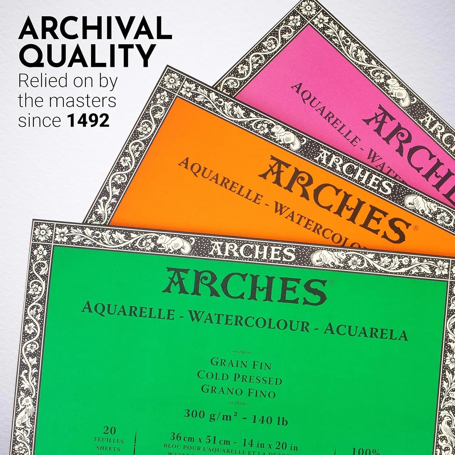 Arches 100% Cotton 300g Watercolor Paper - 20 Sheets Natural White Sketchbook Block for Artists & Students