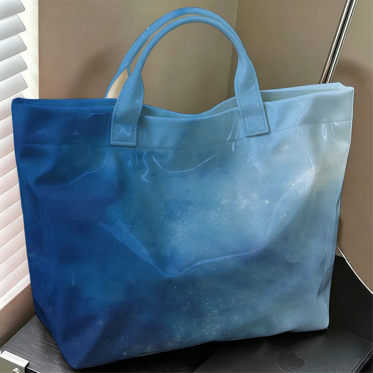 Cyan Nebula Cute Large Glossy PVC Tote Bag Hand Washable Lightweight Soft Great for Travel Commute Makeup Storage Handbags