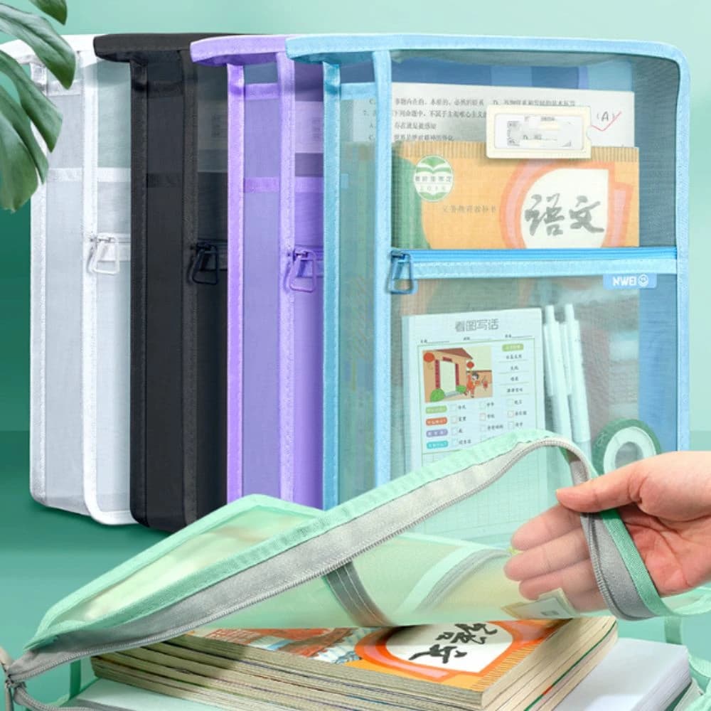 Borsa portaoggetti a forma di L per fogli di prova, in rete ispessita, con tre scomparti, trasparente, ad ampia apertura