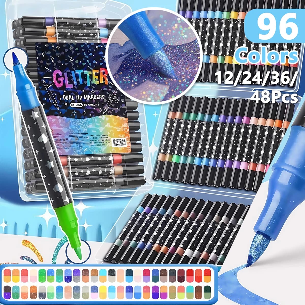 Set di pennarelli glitterati a doppia punta da 48 pezzi Penne e evidenziatori per acquerello glitter a doppia punta Colori ricchi Punte morbide