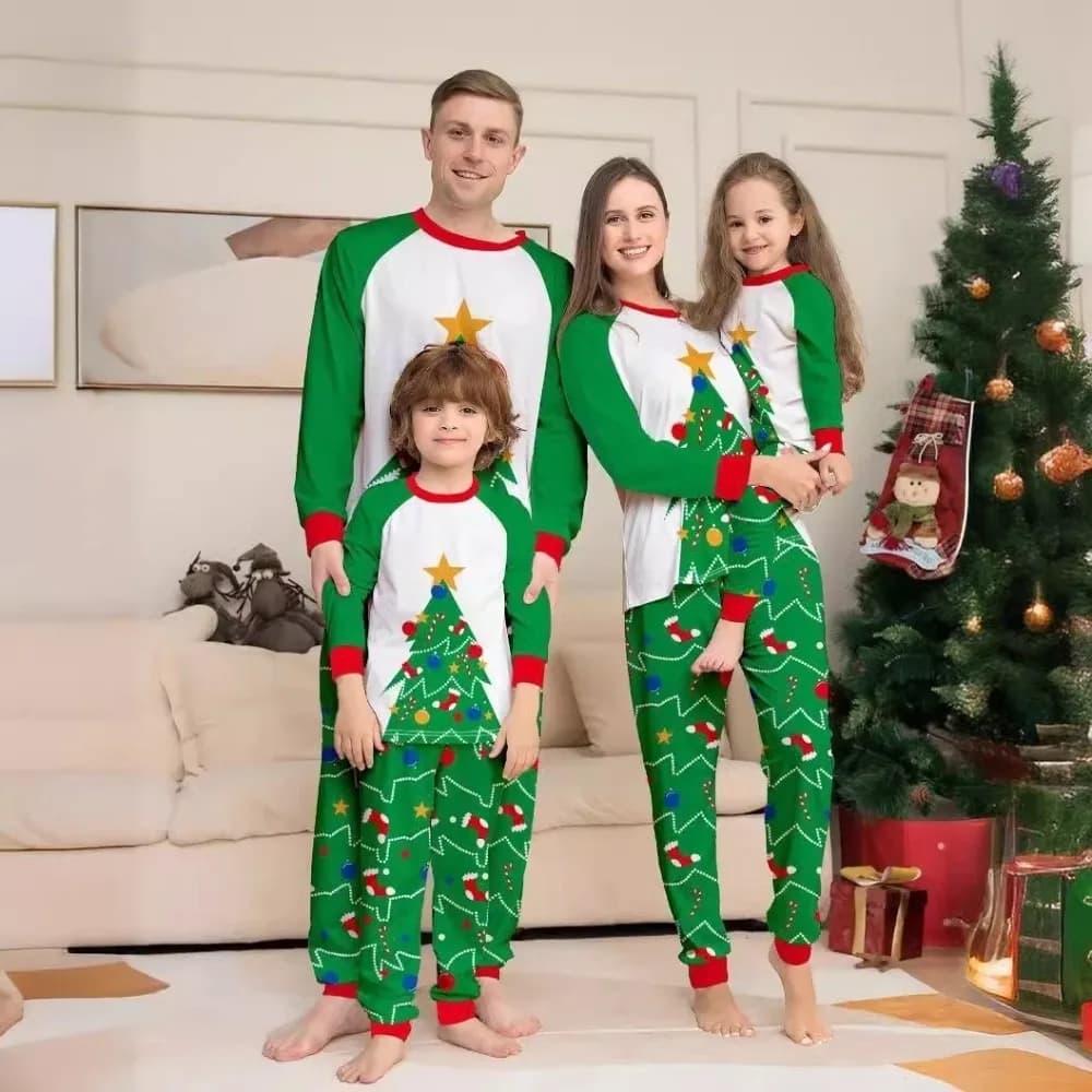 Long Sleeve Christmas Pyjamas Set Printed Christmas Tree Family Matching Pyjamas Two Piece Set Round Neck Top+Pants Men Women