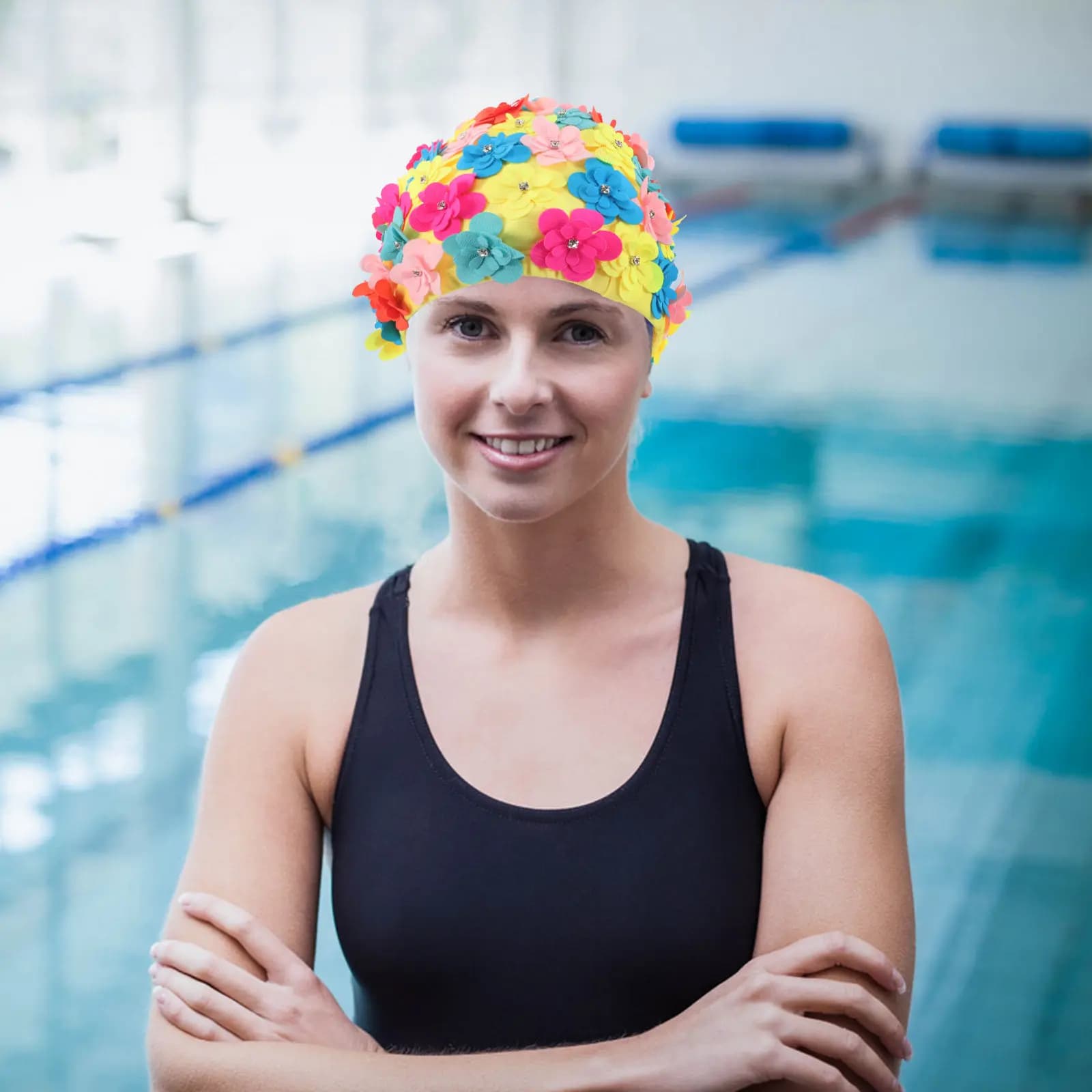 Flower Swim Cap for Women Stretchy Waterproof Fabric Bathing Hat Floral Design Swim Cap for Long Hair Braids Dreadlocks