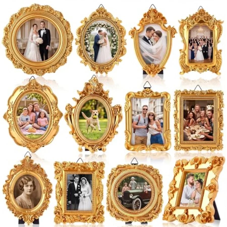 Set of 12 Mini Vintage Gold Picture Frames Small Picture Photo Frame Bulk Tiny Baroque Antique Resin Frames for Crafts DIY Brid