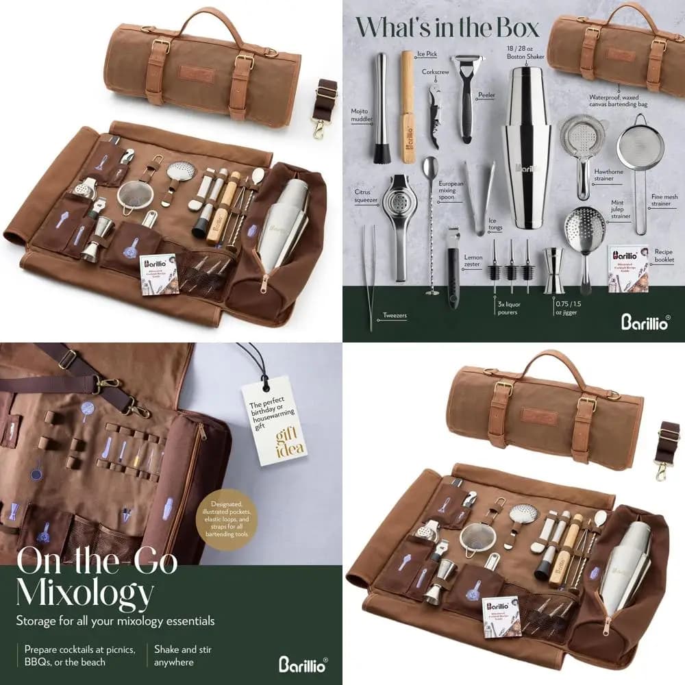 Kit da Cocktail Portatile in Borsa di Tela Cerata: Set da Barman da Viaggio da 17 Pezzi con Shaker e Accessori