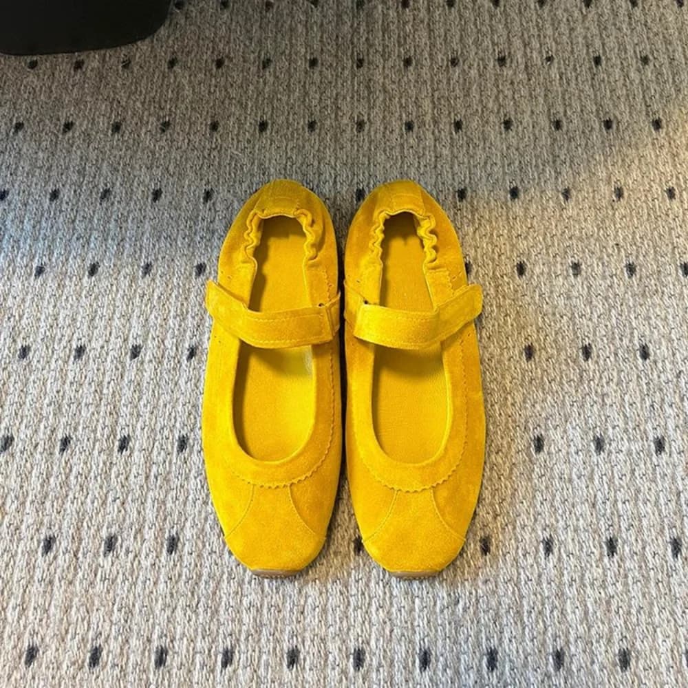 Scarpe Mary Jane Giallo Sole, Ballerine in Camoscio con Chiusura in Velcro, Suola Morbida, Scarpe Casual da Passeggio per Donna alla Moda