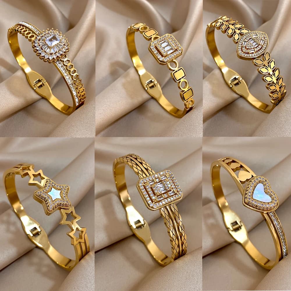 Bracciale rigido in acciaio inossidabile con intarsio di strass di lusso Splendido zirconi sintetici a forma di stelle quadrate ovali geometriche per le donne