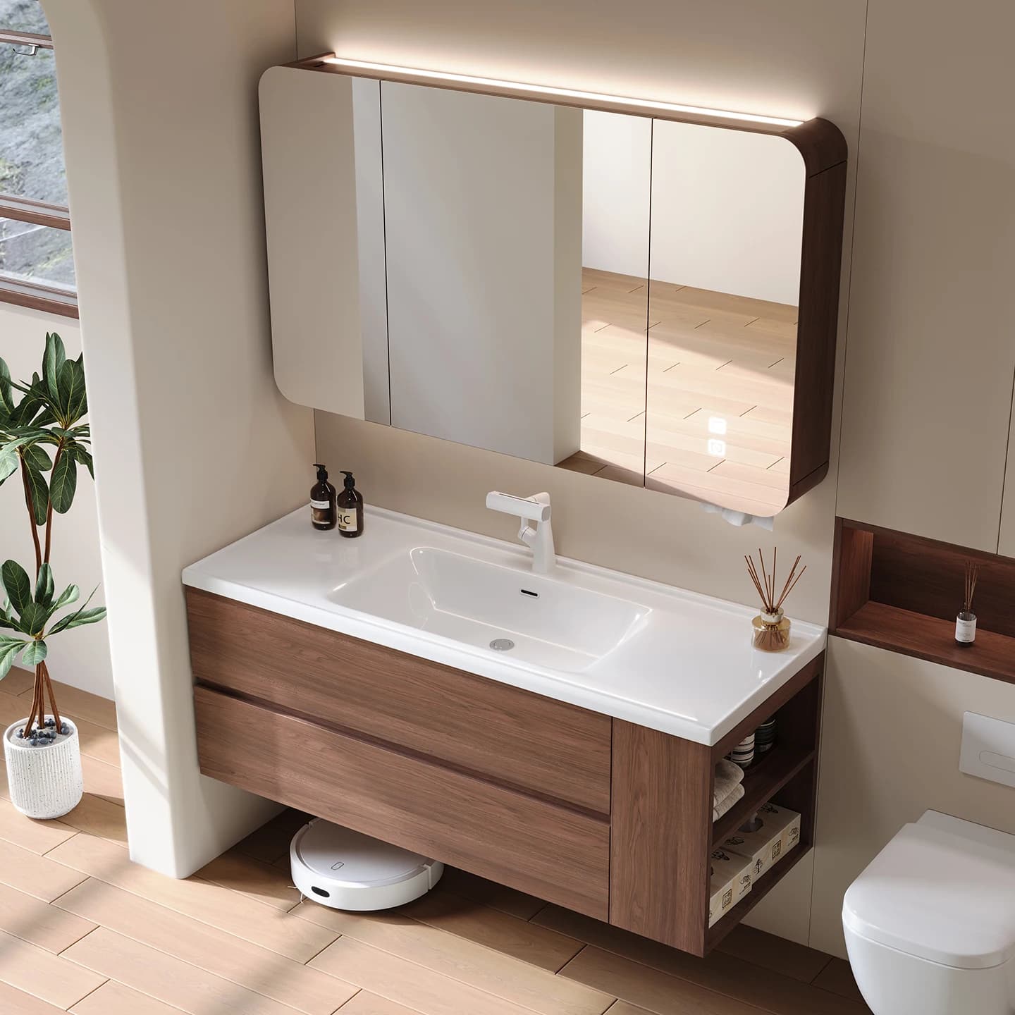 Mobile a specchio Lavabo integrato in ceramica, Combinazione di mobili da bagno, Deposito laterale, Mobile lavabo medievale in noce, Lavabi