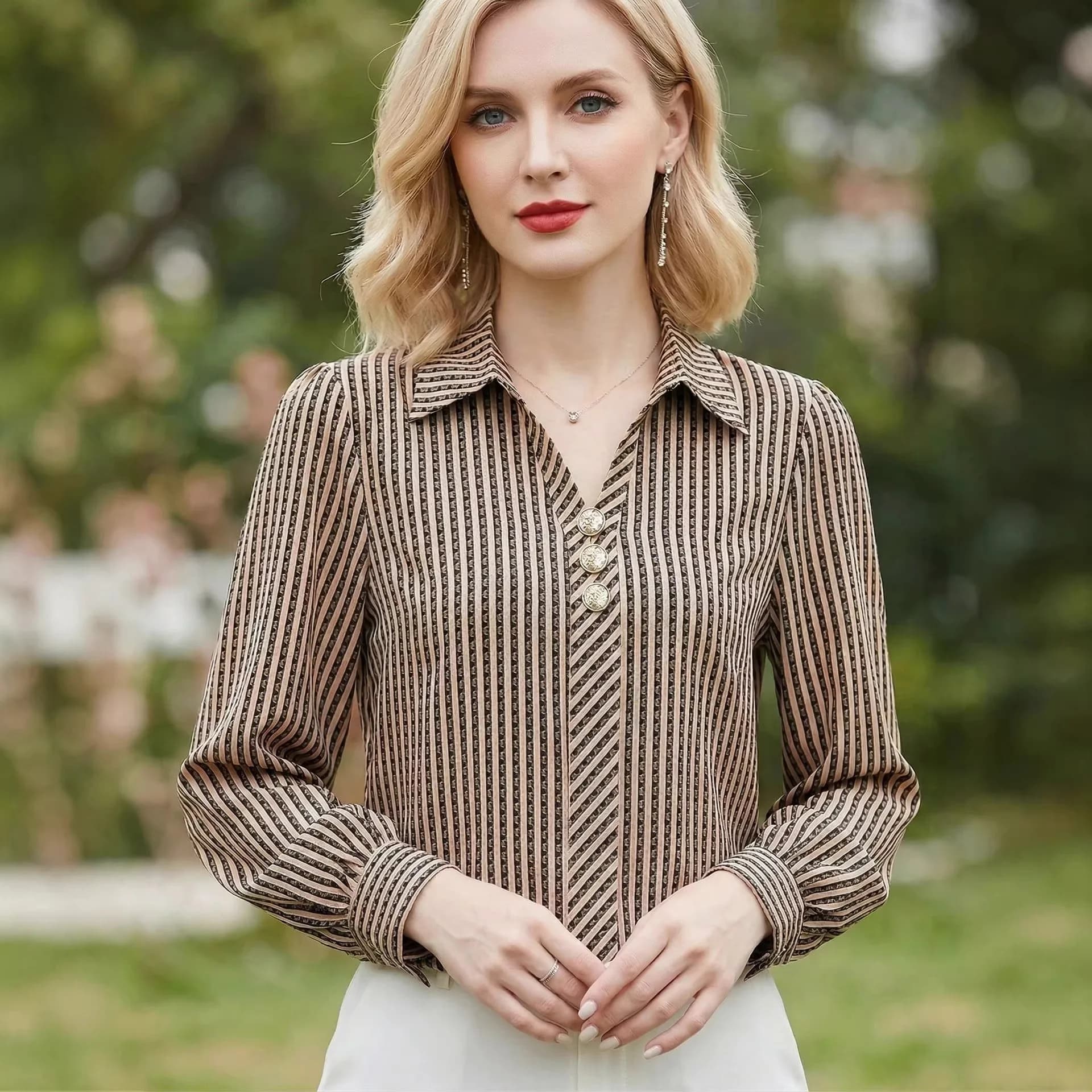 Camicette alla Moda per Donna, Top Elegante a Maniche Lunghe con Stampa a Righe, Abbigliamento Femminile in Chiffon, Blusa Elegante