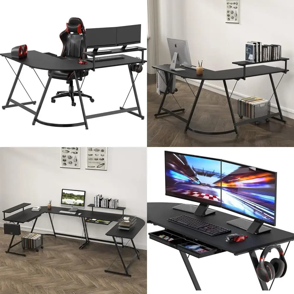 Scrivania nera a forma di L 51 con supporto per monitor e cassetto, spazio di lavoro spazioso