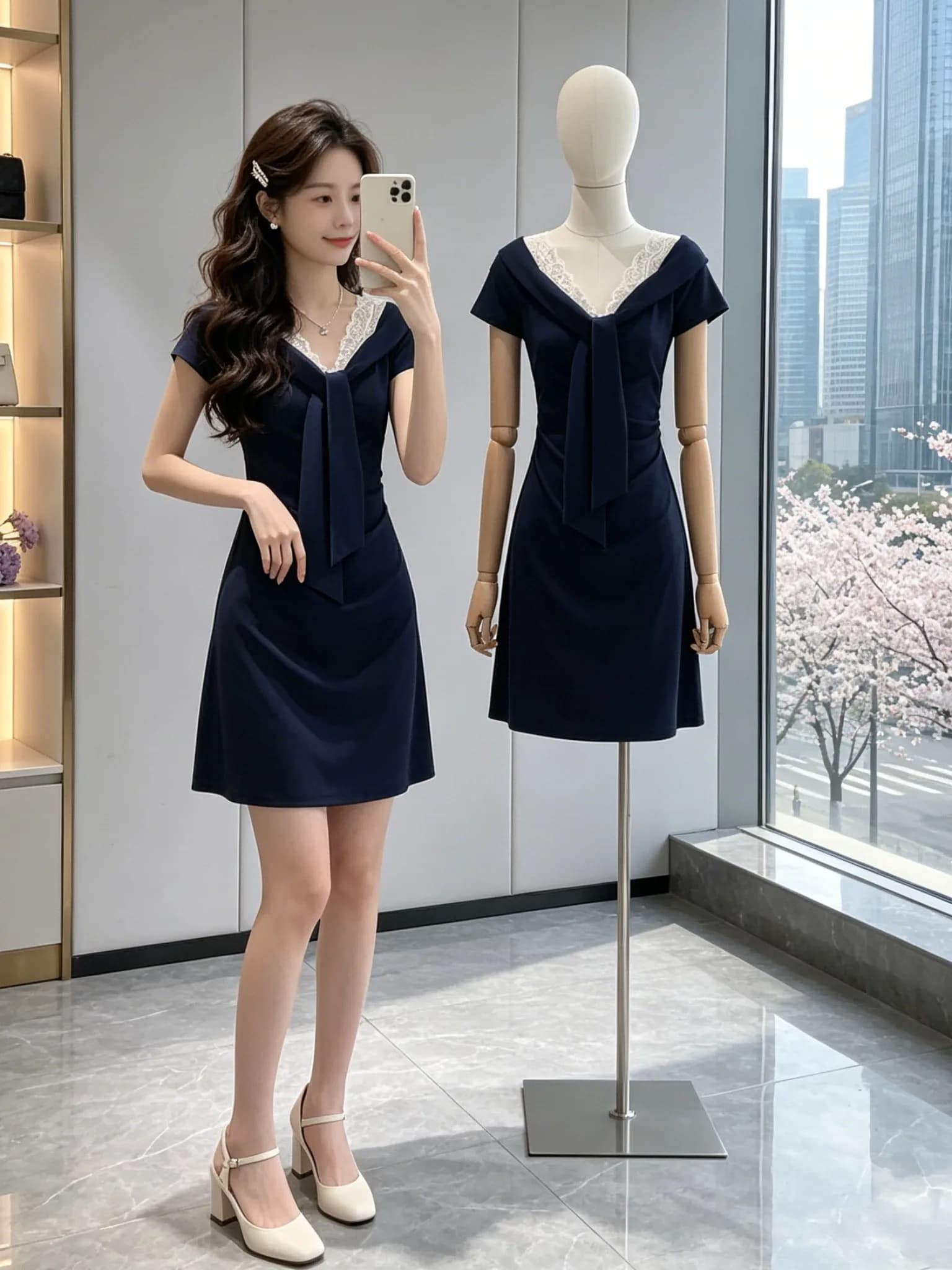 Elegant V-neck Lace Dress Women's Summer Dark Blue Waist-cinching Short Skirt Small Size Princess Feeling Dress