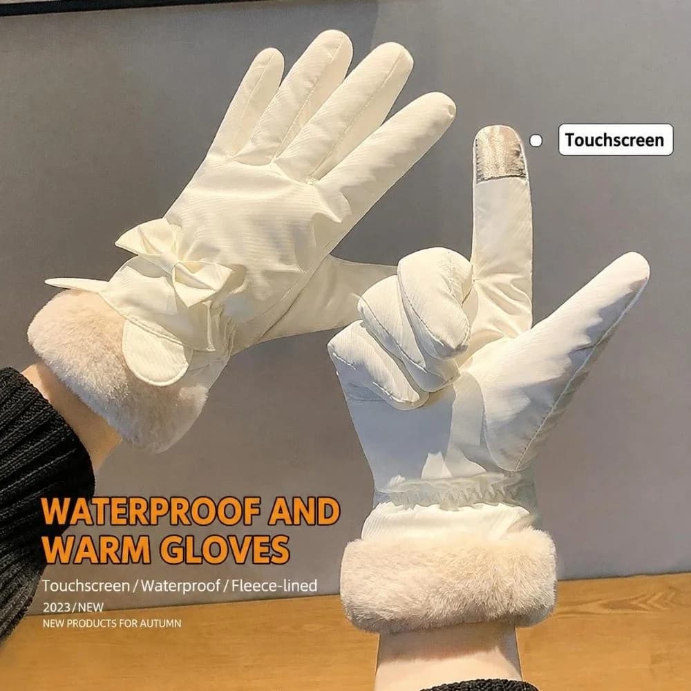 Polyester Fleece Lined Winter Thermal Gloves Waterproof Warm Cold Weather Gloves Bow Decor Windproof Gloves For Cycling