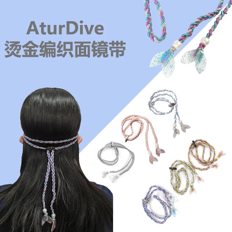 Face mirror for scuba diving with braided belt, swim glasses, hair protection