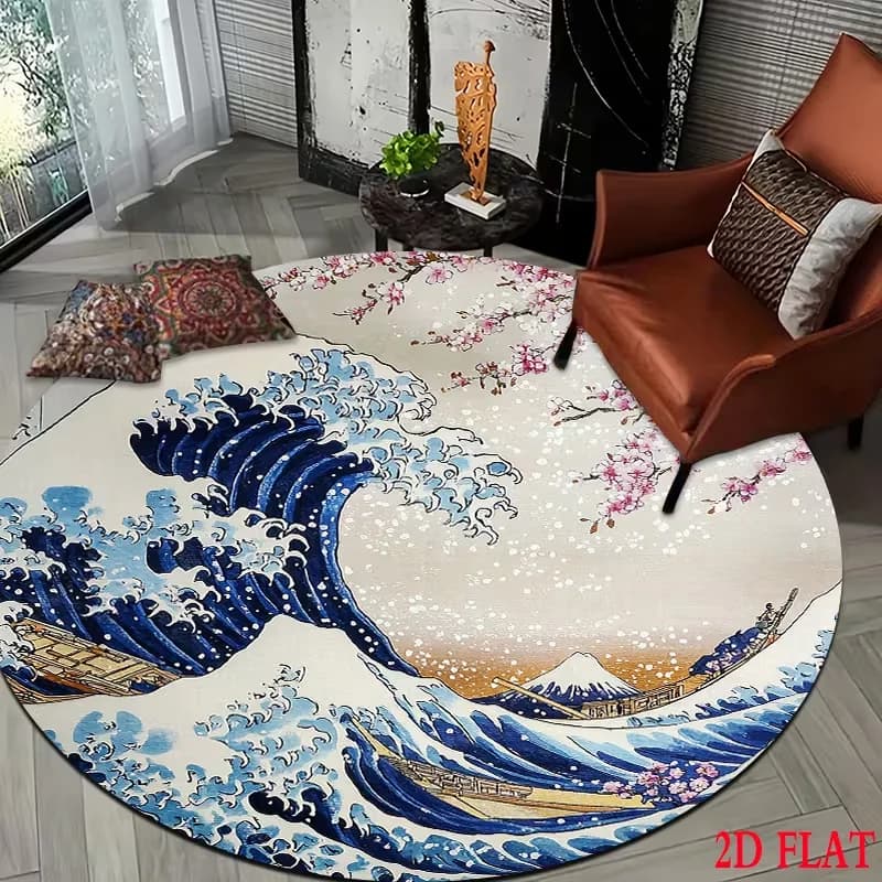 Japanese Wave Round Rug Cherry Blossom Mount Fuji Circular Floor Mat Non Slip Living Room Tea Room Decor