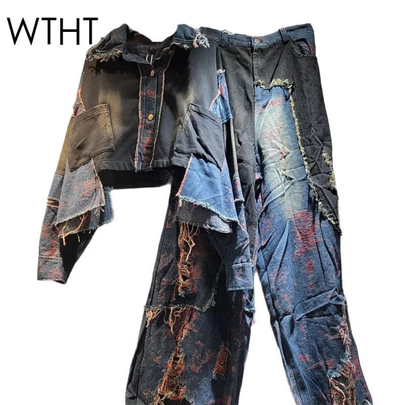 WTHT delle Nuove Donne di Modo Patchwork Lavato Risvolto Manica Lunga Giacca di Jeans A Vita Alta Jeans Dritti Femminile 2025 Autunno 1LS2310