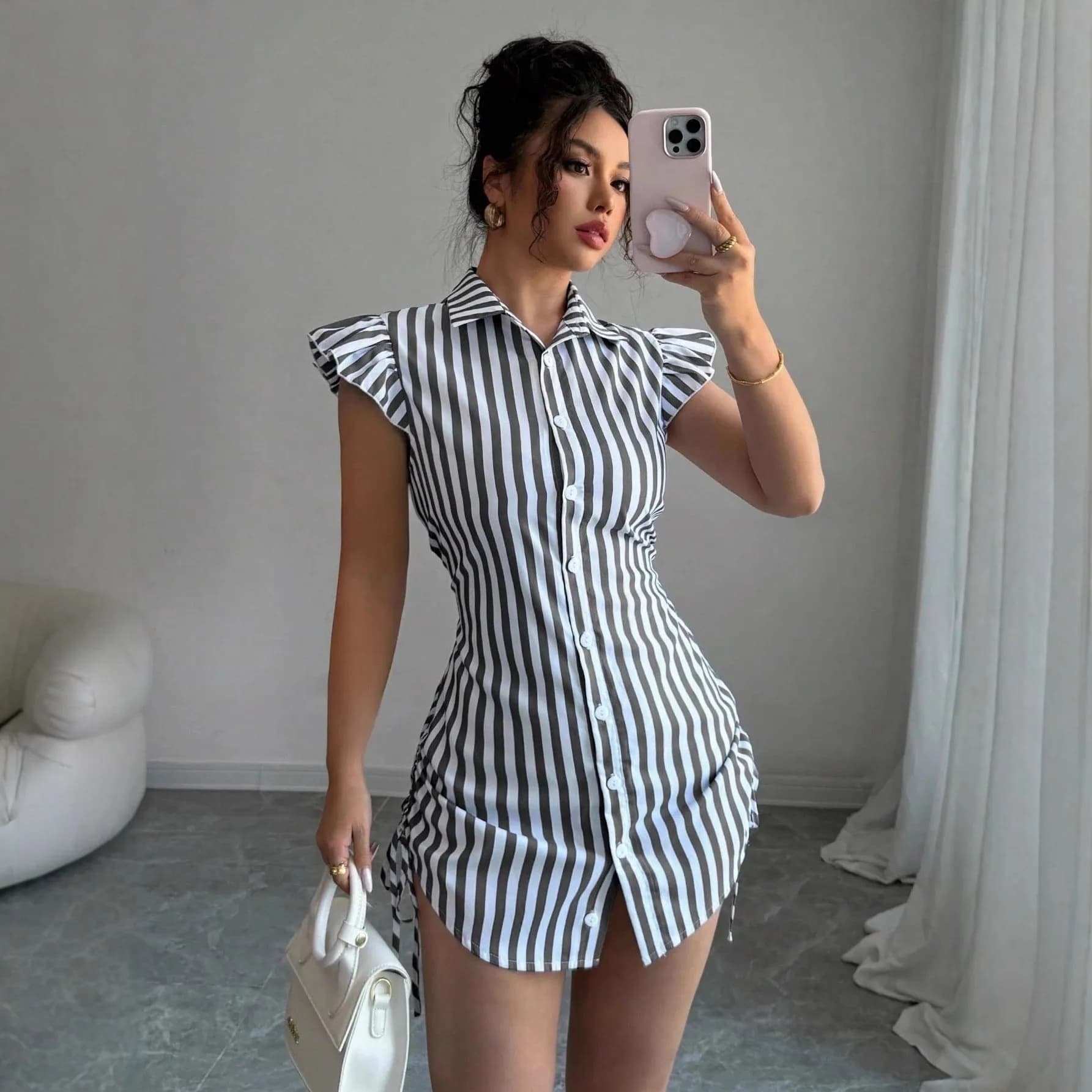 Casual Stripe Shirt Collar Fashionable Belted Dress with Flying Sleeves And Bow Versatile Shirt Dress for Women Summer A-Line...