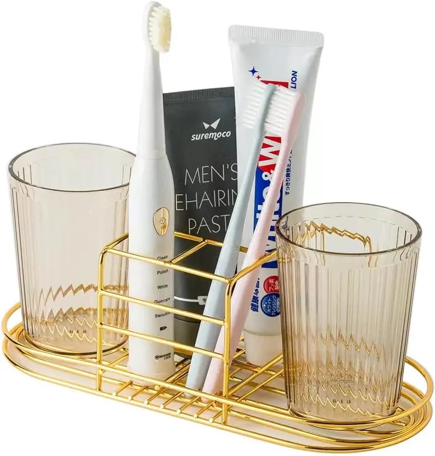 Brush holder with glass, brush holder and electric toothpaste, stainless steel or wall bathroom support with 2 glasses (Gol