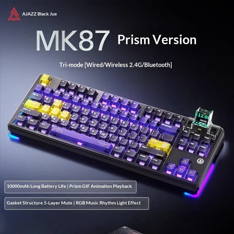 Ajazz Mk87 Mechanical Keyboard Wireless Bluetooth Gaming Office Computer Hot Swap Screen With Wired Option For Desktop Laptop