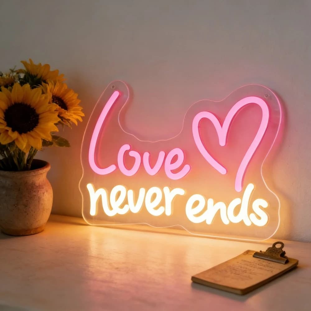 Insegna LED al Neon 'L'Amore Non Finisce Mai' con USB, Luce da Parete Dimmerabile per Matrimoni, Decorazione Casa, Camera da Letto, Soggiorno, Idea Regalo Romantica