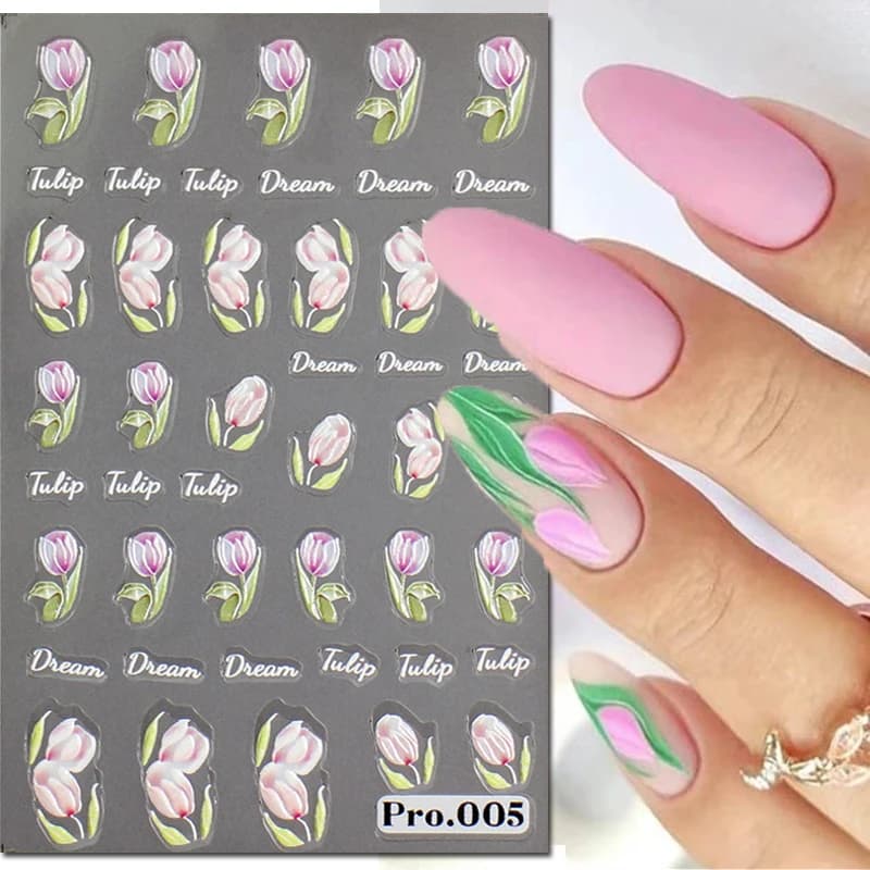 Adesivi per unghie in rilievo 5d rosa viola tulipani in fiore fiori cursori adesivi decalcomanie per unghie per accessori per punte per Manicure