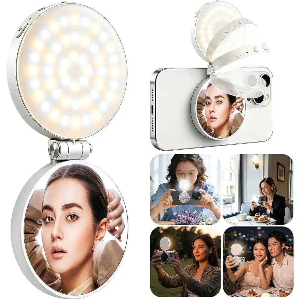 Luce ad Anello LED Ricaricabile con Alto CRI 97+, 700lx, Specchio e Webcam per Trucco e Fotografia su Laptop (Bianco)