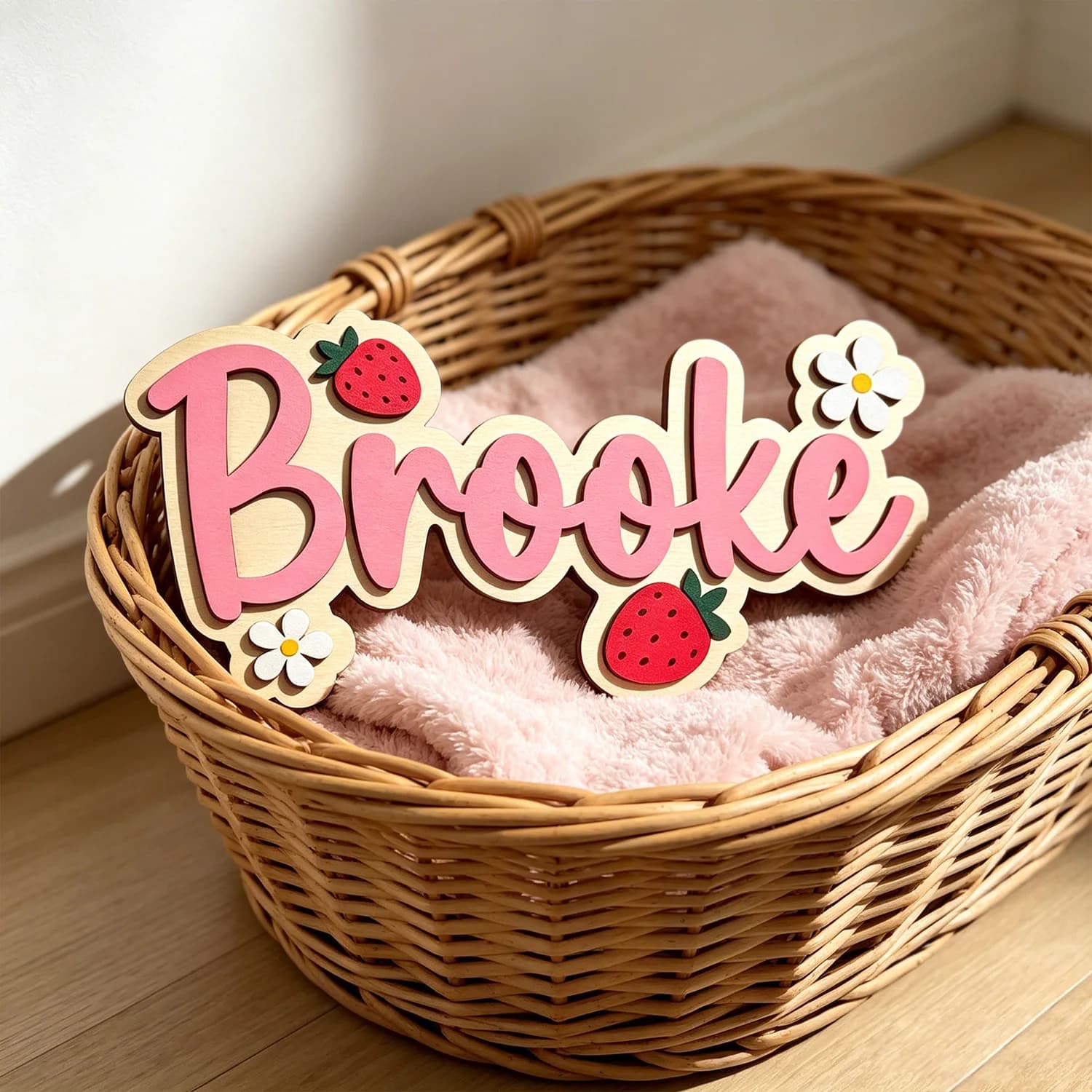 1pc Wooden Surname Brand with Strawberry Pattern, Bedroom Wall Decoration, Name Identification, Multi-layer Customized Gift