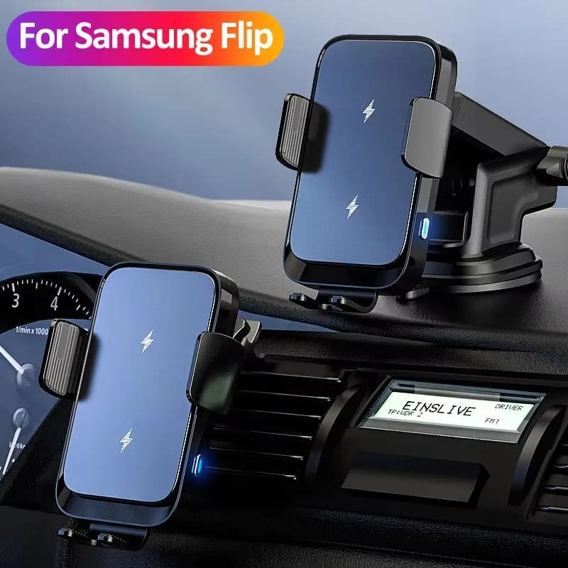 Wireless Car Charger Dual Coil Phone Support for Samsung Galaxy Z Flip 7 6 5 4 3 S22 S21 iPhone 16 Pro Max Quick Charging