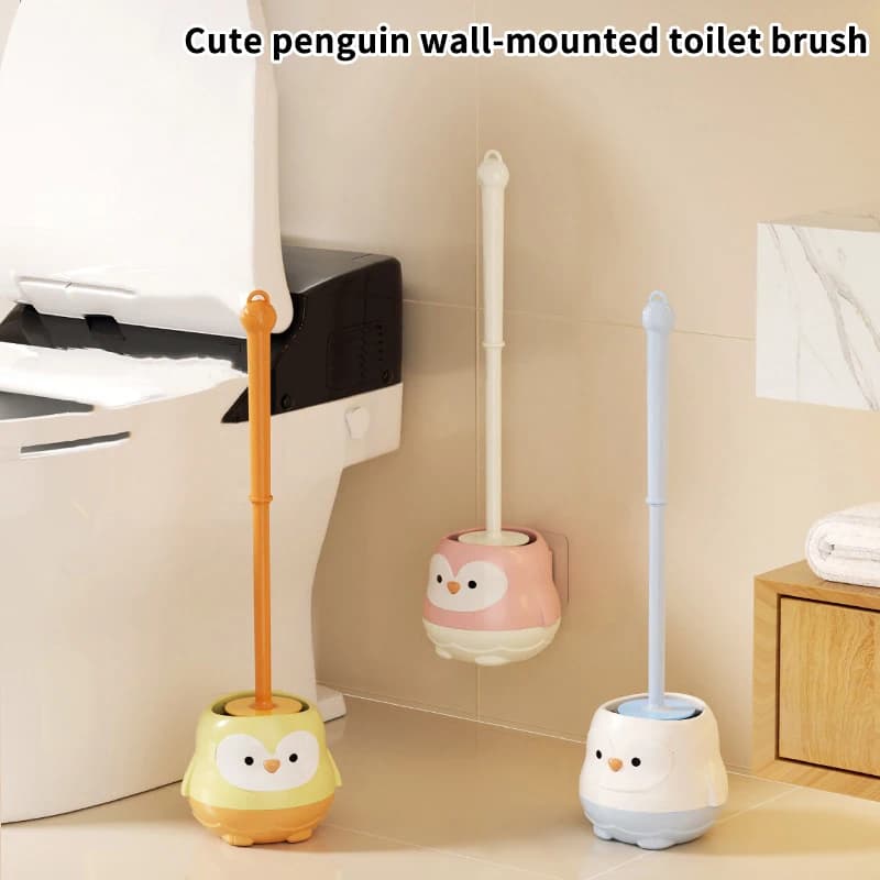 Set per la Pulizia del Bagno con Scovolino per WC a Cartone Animato e Supporto, Montaggio a Parete Senza Foratura, Manico Lungo, Strumento per Pulizia Profonda a 360 Gradi