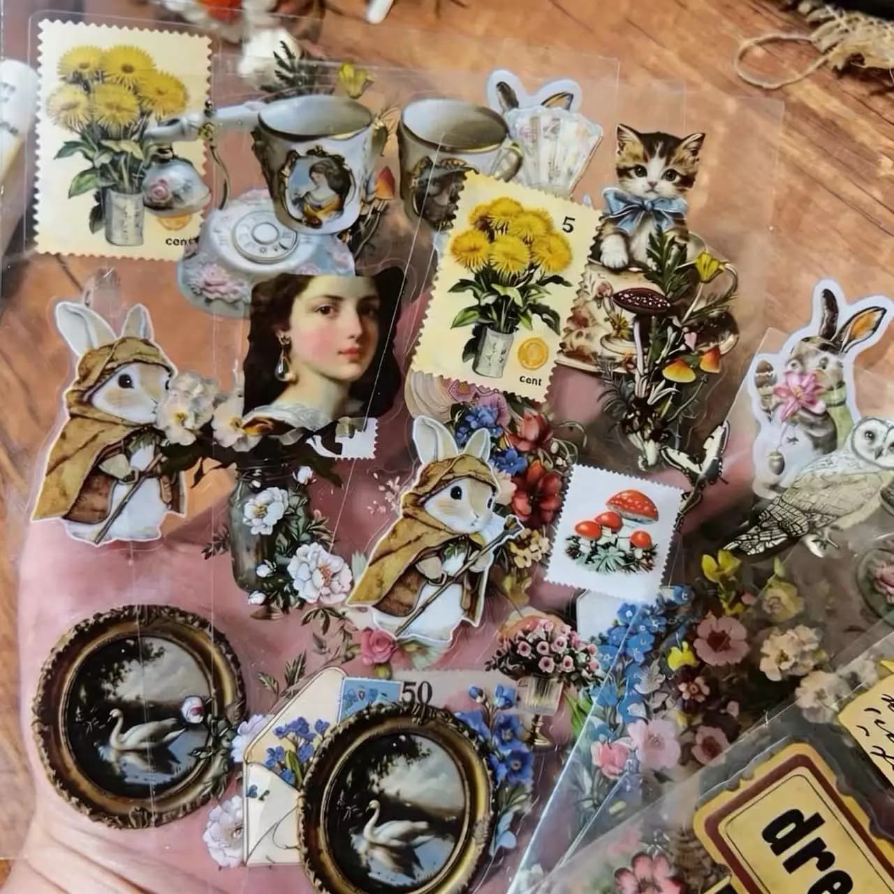 8/16/24 Pezzi Adesivi in PET Trasparenti Impermeabili con Estetica Retrò Campestre, Stile Cartone Animato, per DIY, Scrapbooking e Quaderni di Cancelleria Coreana