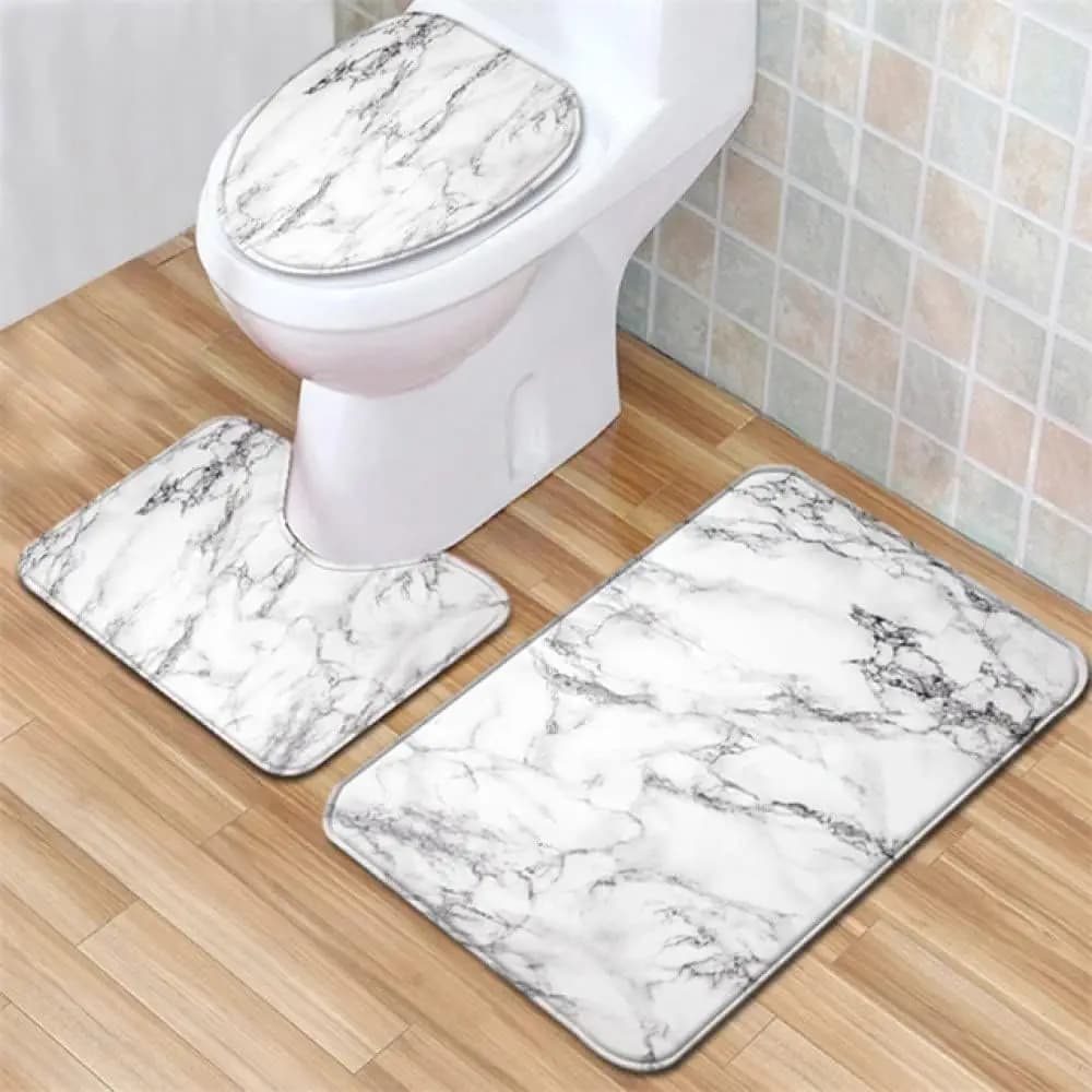 3 pezzi Tappetini da bagno con motivo in marmo Set tappetino da bagno antiscivolo Set coperchio del sedile del WC lavabile Set tappeto piedistallo Decorazioni per la casa, Bianco,2