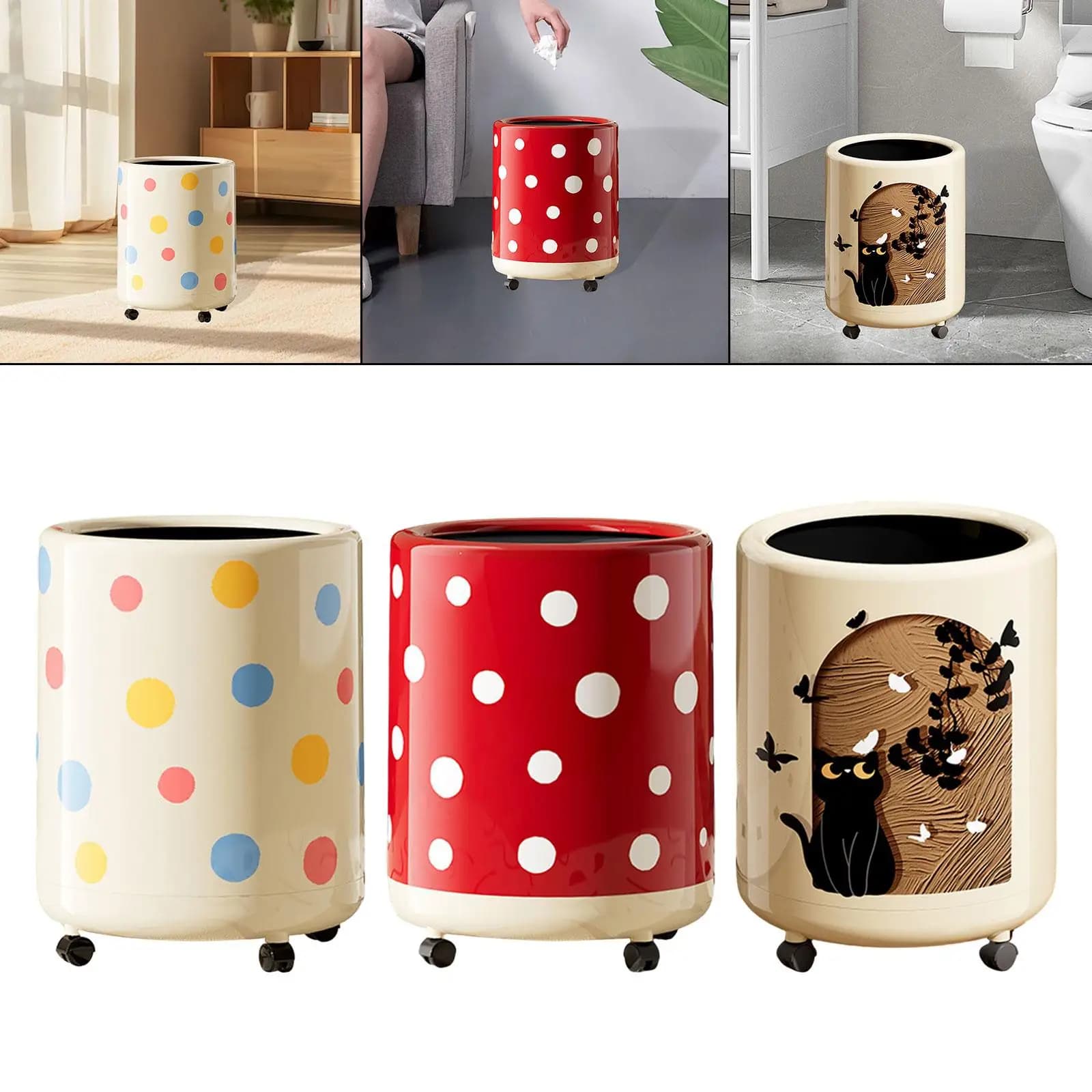Polka Dot Trash Can Recycling Bin Double Layer 12L with Wheels Modern Garbage Can Waste Bin for Bedroom Bathroom Kitchen Dorm