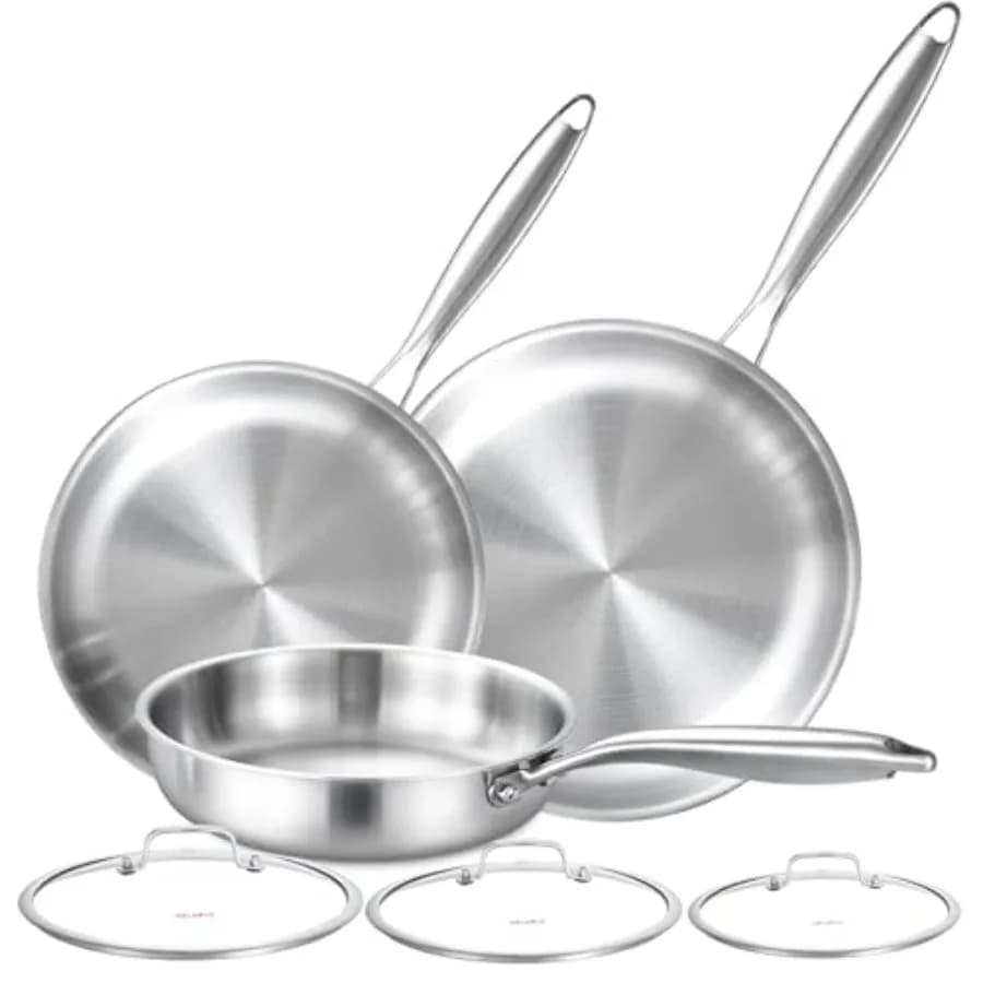 Tri-Ply Stainless Steel Cuisine Set with Cover 8 10 12 Polly Compatible with Induction, Large Tiles and Chef Pots