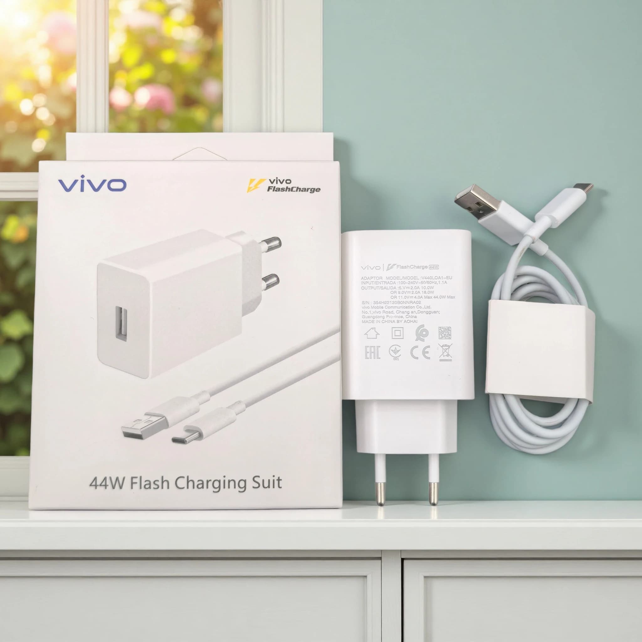 Caricabatterie Rapido Originale Vivo 44W con Adattatore EU FlashCharge 2.0 e Cavo Type-C per Y77 V25 X70 X60 S12 S10 Pro IQOO Neo 5 3 Z6 Z5 X